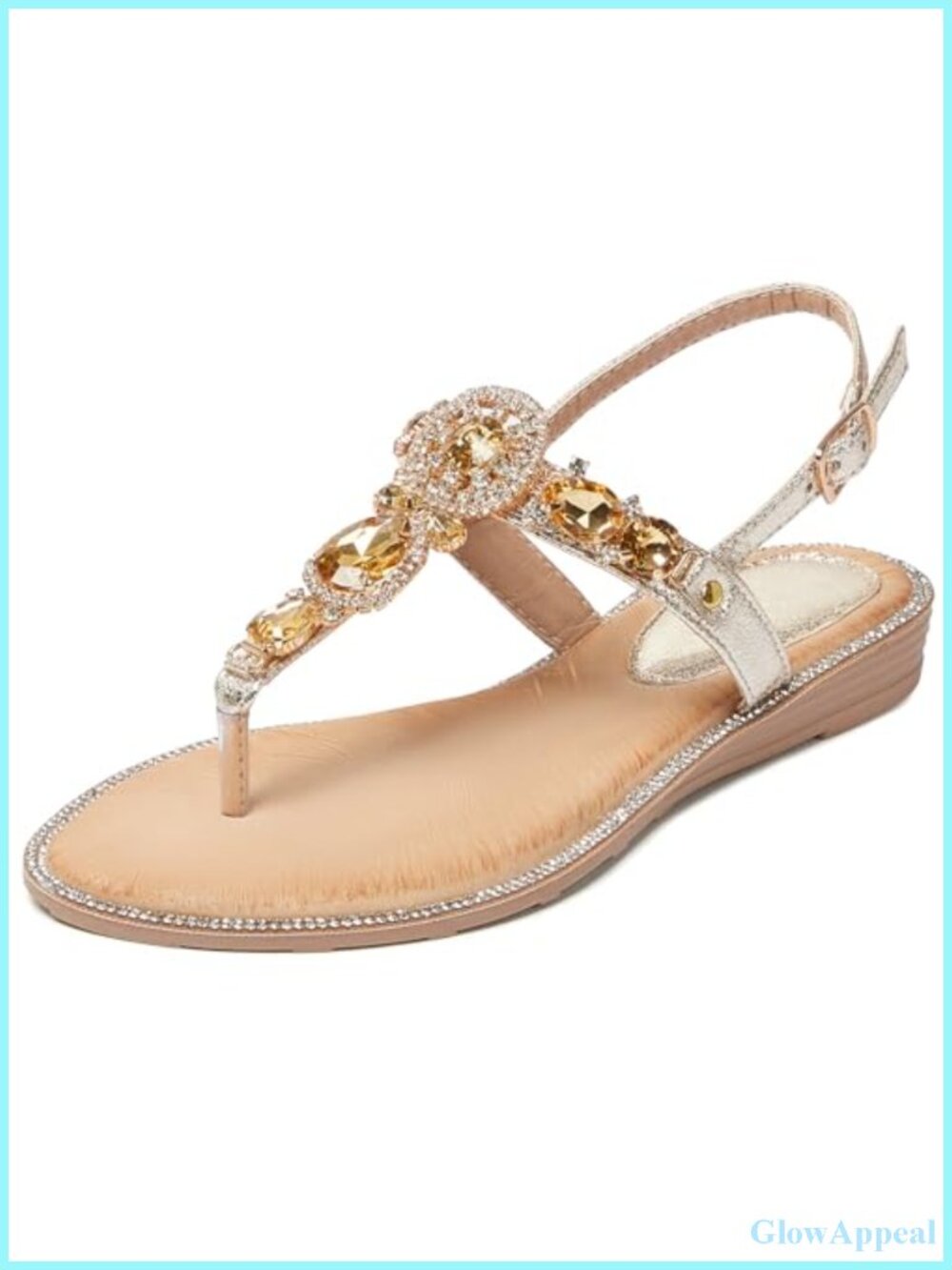 Rhinestone Flat Sandals with Adjustable Ankle Strap and Faux Leather